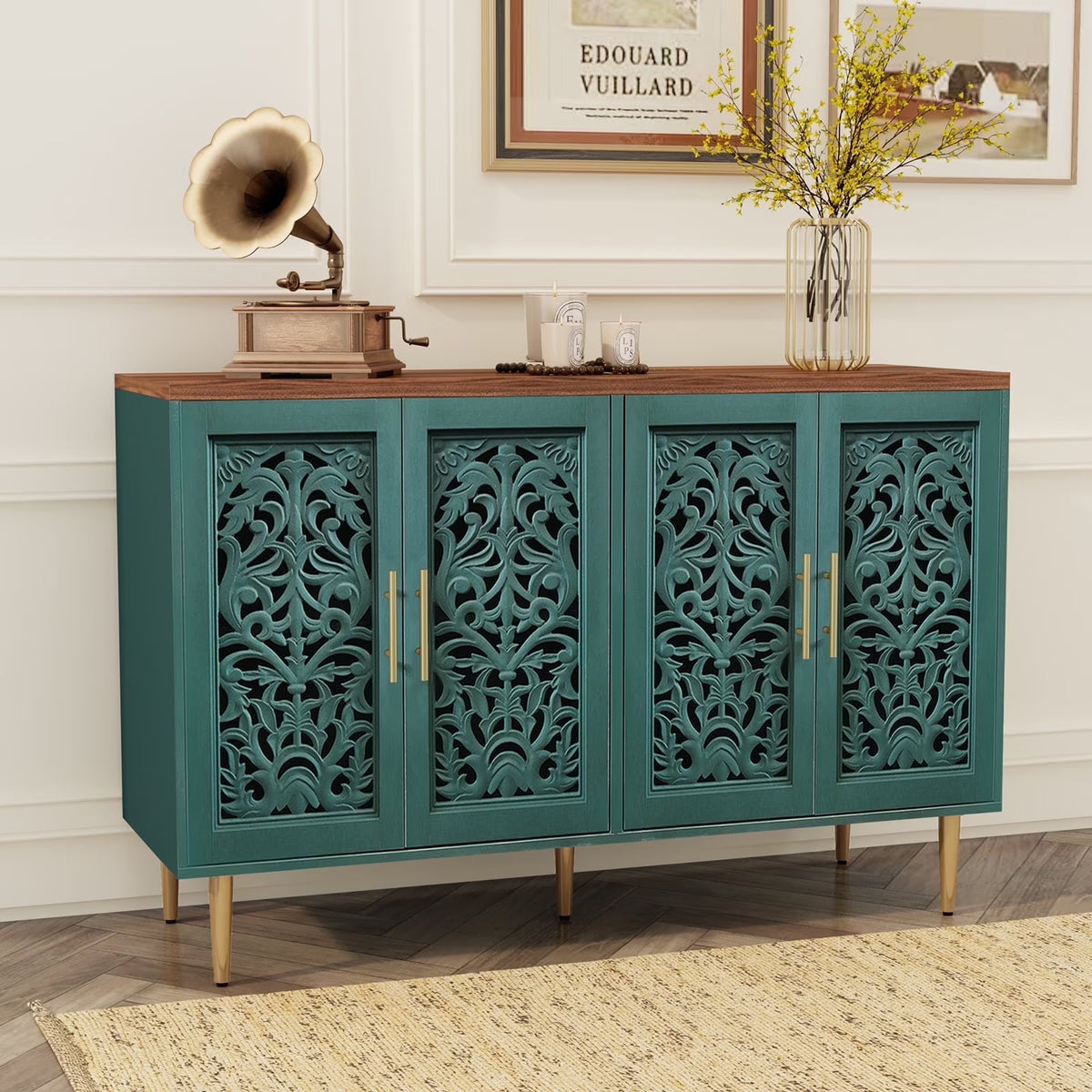 HLR 48" Accent Cabinet with 4 Doors, Vintage Hollow Carving Storage Credenza, Sideboards and Buffets Cabinet for Living Room, Kitchen, Dining Room, Entryway