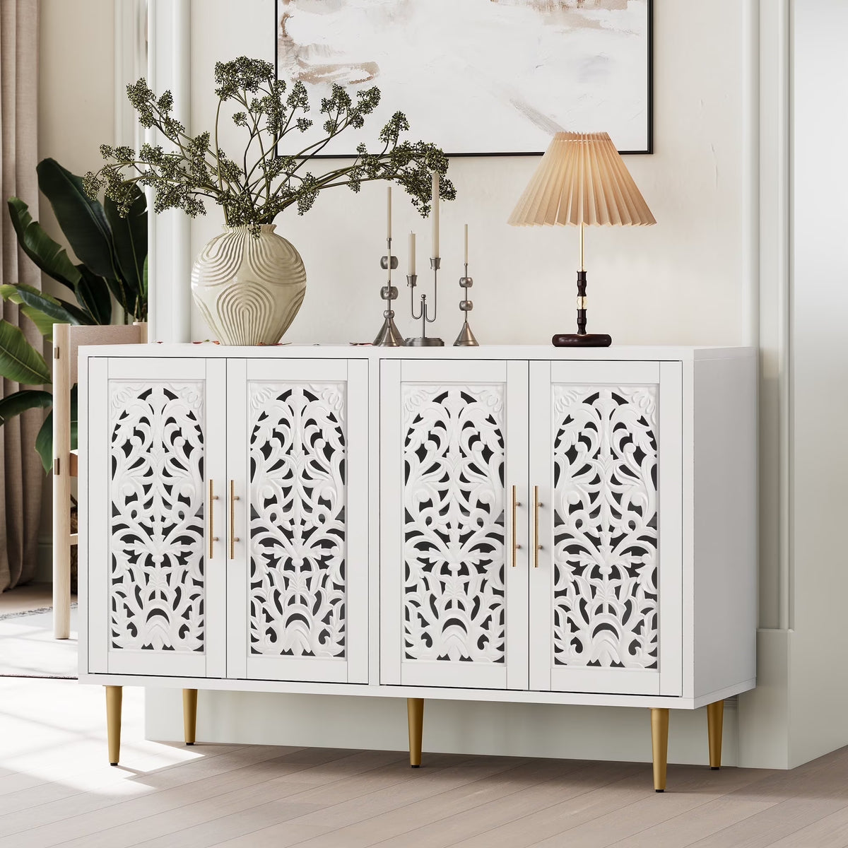 HLR 48" Accent Cabinet with 4 Doors, Vintage Hollow Carving Storage Credenza, Sideboards and Buffets Cabinet for Living Room, Kitchen, Dining Room, Entryway