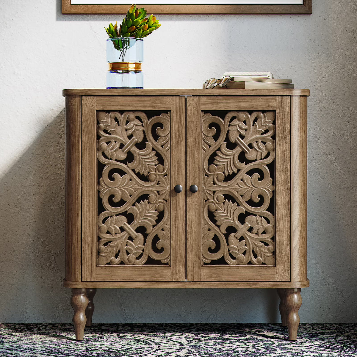 HLR 48" Accent Cabinet with 4 Doors, Vintage Hollow Carving Storage Credenza, Sideboards and Buffets Cabinet for Living Room, Kitchen, Dining Room, Entryway