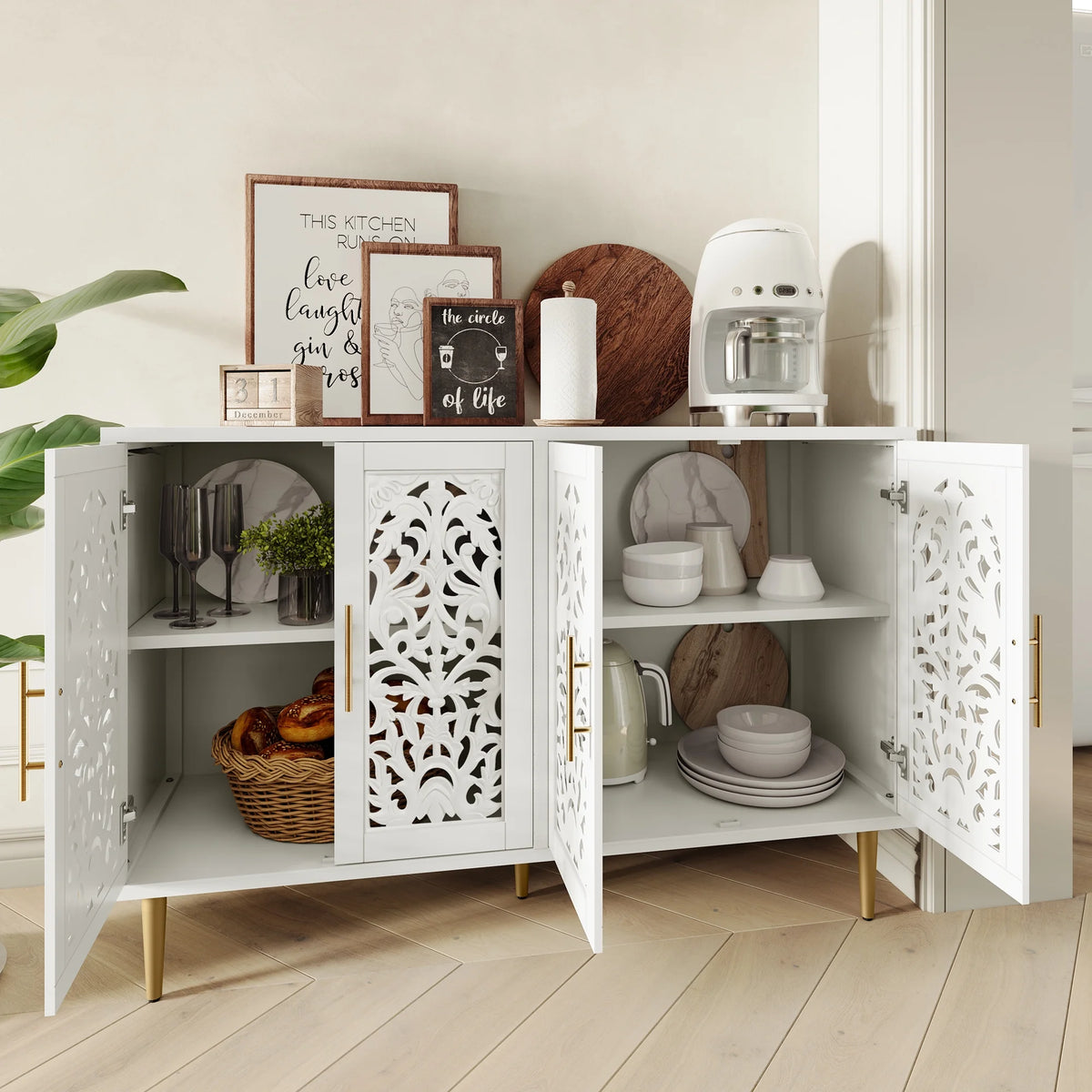 HLR 48" Accent Cabinet with 4 Doors, Vintage Hollow Carving Storage Credenza, Sideboards and Buffets Cabinet for Living Room, Kitchen, Dining Room, Entryway