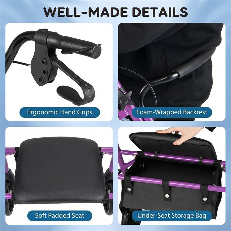 Foldable Rollator Walker with Seat & Height Adjustable Handles for Seniors, Lightweight Portable Rolling Walker w/ 8" Wheels & Storage Basket