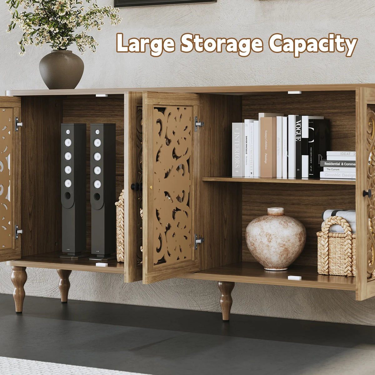 HLR 48" Accent Cabinet with 4 Doors, Vintage Hollow Carving Storage Credenza, Sideboards and Buffets Cabinet for Living Room, Kitchen, Dining Room, Entryway