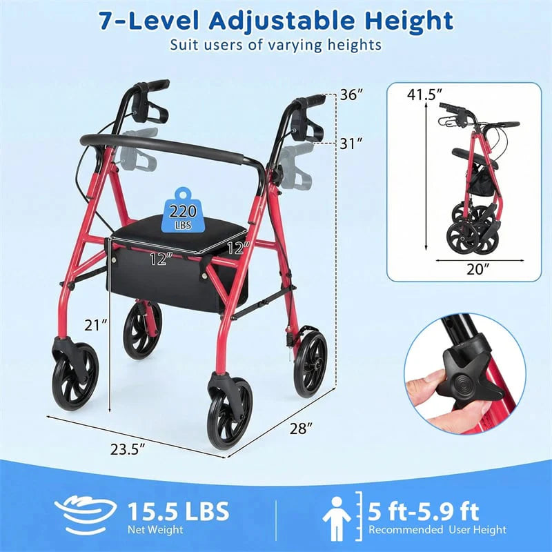 Foldable Rollator Walker with Seat & Height Adjustable Handles for Seniors, Lightweight Portable Rolling Walker w/ 8" Wheels & Storage Basket