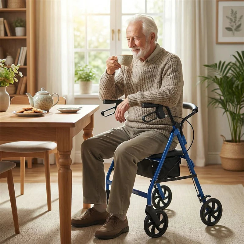 Foldable Rollator Walker with Seat & Height Adjustable Handles for Seniors, Lightweight Portable Rolling Walker w/ 8" Wheels & Storage Basket