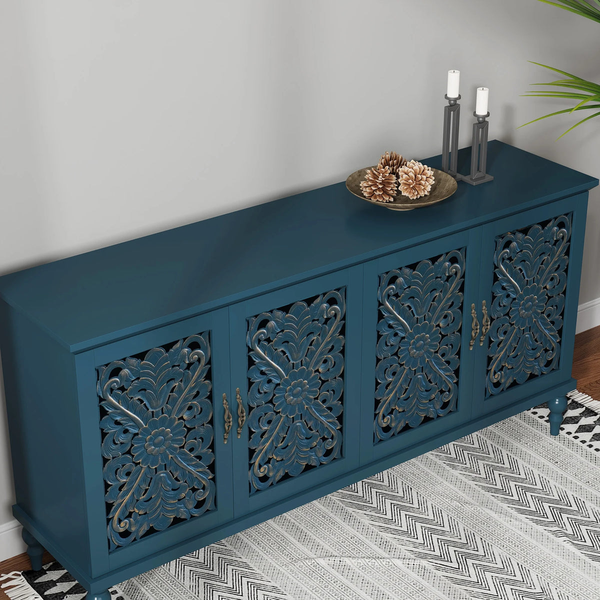 HLR 48" Accent Cabinet with 4 Doors, Vintage Hollow Carving Storage Credenza, Sideboards and Buffets Cabinet for Living Room, Kitchen, Dining Room, Entryway