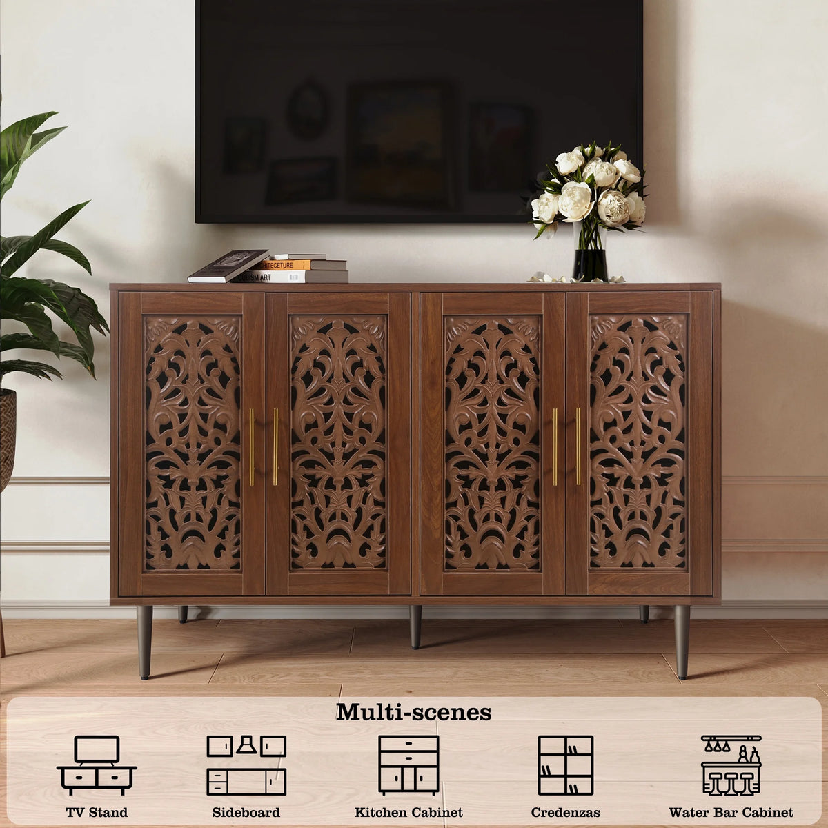 HLR 48" Accent Cabinet with 4 Doors, Vintage Hollow Carving Storage Credenza, Sideboards and Buffets Cabinet for Living Room, Kitchen, Dining Room, Entryway