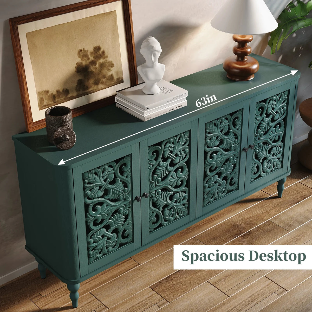 HLR 48" Accent Cabinet with 4 Doors, Vintage Hollow Carving Storage Credenza, Sideboards and Buffets Cabinet for Living Room, Kitchen, Dining Room, Entryway