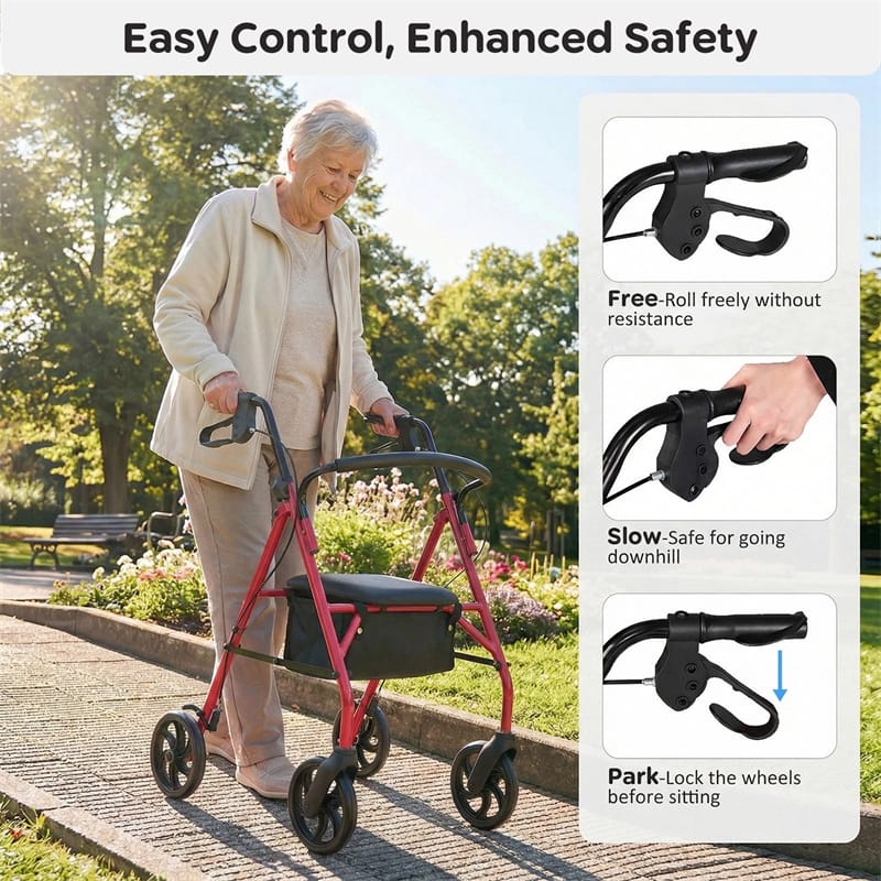 Foldable Rollator Walker with Seat & Height Adjustable Handles for Seniors, Lightweight Portable Rolling Walker w/ 8" Wheels & Storage Basket