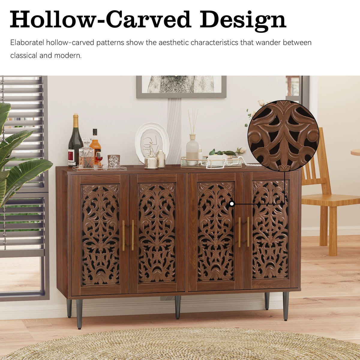 HLR 48" Accent Cabinet with 4 Doors, Vintage Hollow Carving Storage Credenza, Sideboards and Buffets Cabinet for Living Room, Kitchen, Dining Room, Entryway