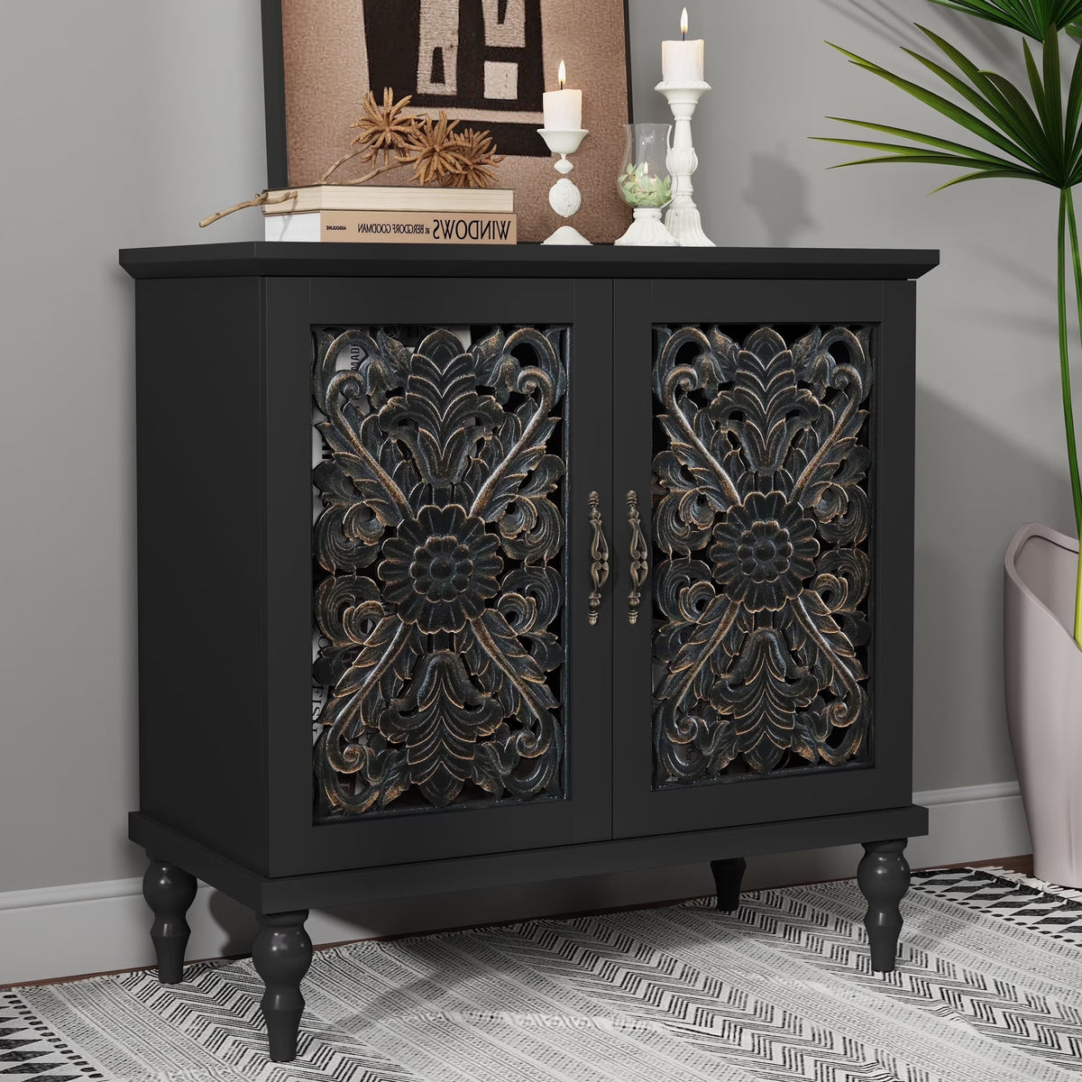 HLR 48" Accent Cabinet with 4 Doors, Vintage Hollow Carving Storage Credenza, Sideboards and Buffets Cabinet for Living Room, Kitchen, Dining Room, Entryway
