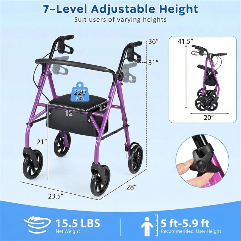 Foldable Rollator Walker with Seat & Height Adjustable Handles for Seniors, Lightweight Portable Rolling Walker w/ 8" Wheels & Storage Basket