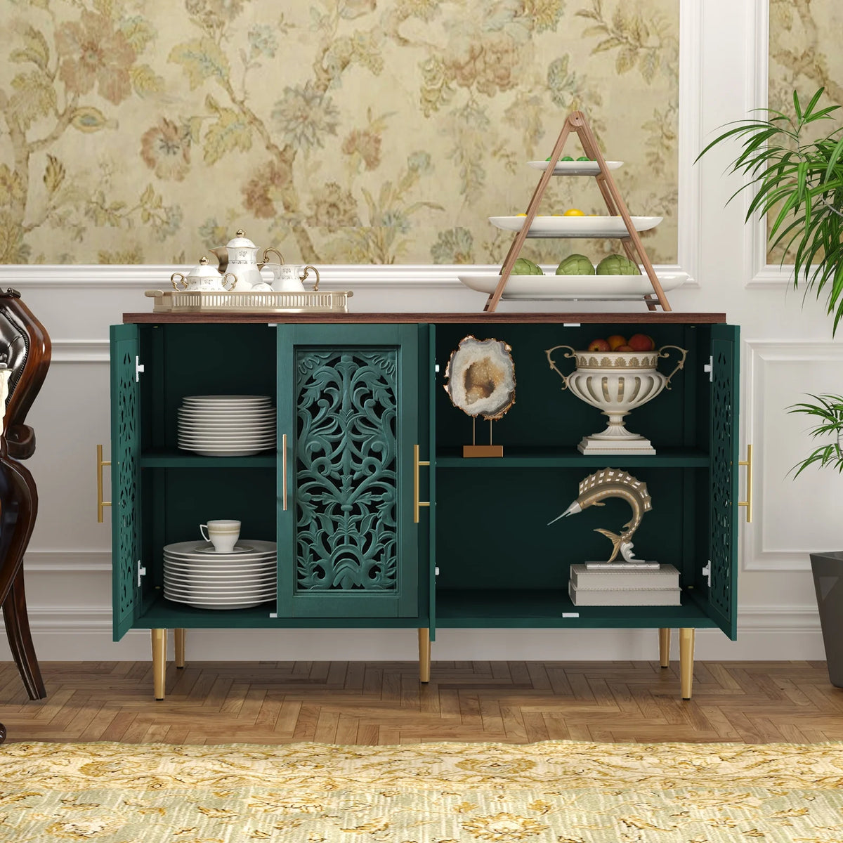 HLR 48" Accent Cabinet with 4 Doors, Vintage Hollow Carving Storage Credenza, Sideboards and Buffets Cabinet for Living Room, Kitchen, Dining Room, Entryway