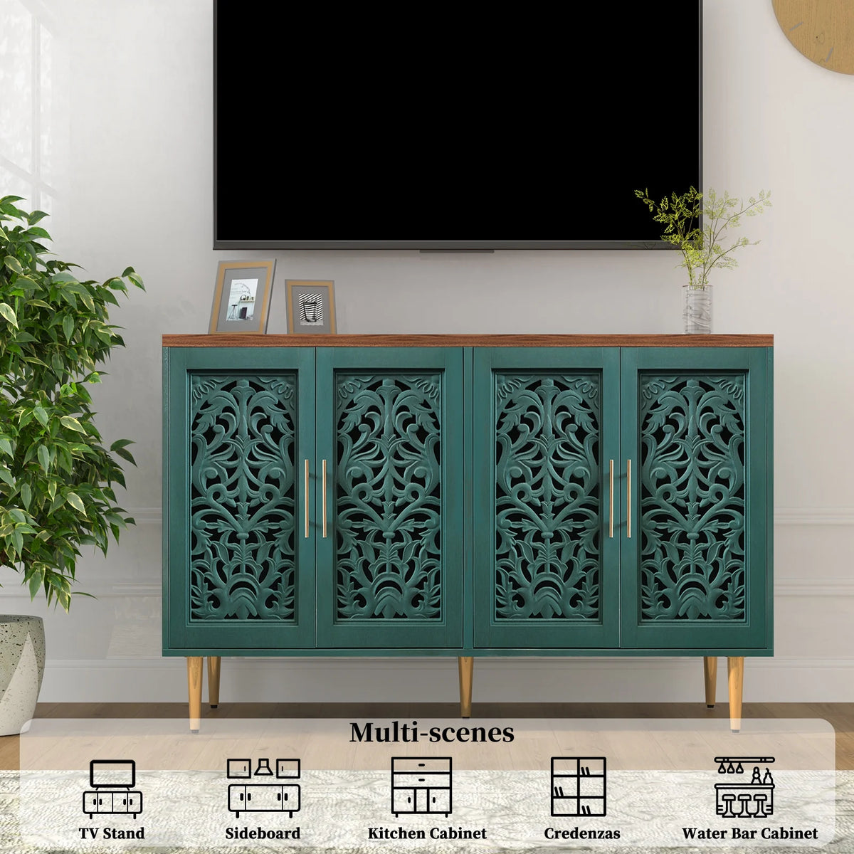 HLR 48" Accent Cabinet with 4 Doors, Vintage Hollow Carving Storage Credenza, Sideboards and Buffets Cabinet for Living Room, Kitchen, Dining Room, Entryway