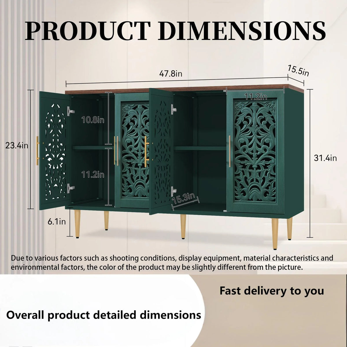HLR 48" Accent Cabinet with 4 Doors, Vintage Hollow Carving Storage Credenza, Sideboards and Buffets Cabinet for Living Room, Kitchen, Dining Room, Entryway