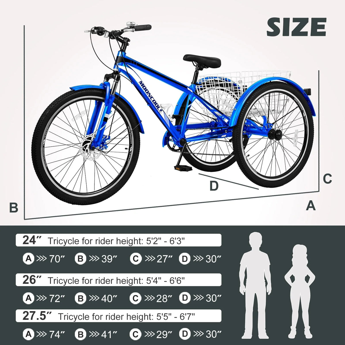 MOPHOTO 7 Speed 27.5" Adult Mountain Tricycle, Exercise Men'S Women'S Bicycle, 3 Wheel Cruiser Bike