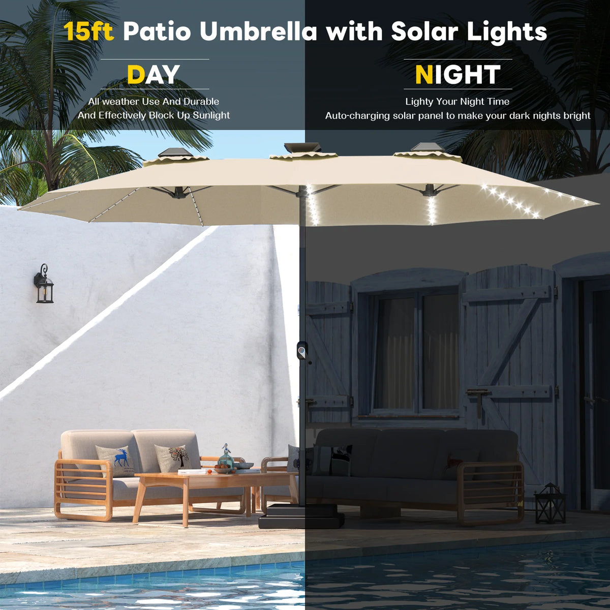 AECOJOY 15ft Patio Double-Sided Umbrella, 156 PCS Solar LED Light Outdoor Large Umbrella, Beige
