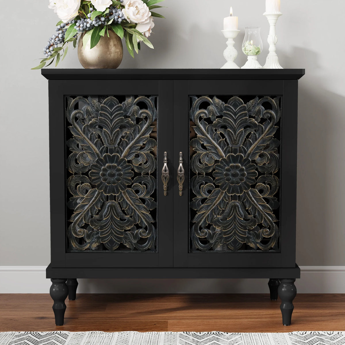 HLR 48" Accent Cabinet with 4 Doors, Vintage Hollow Carving Storage Credenza, Sideboards and Buffets Cabinet for Living Room, Kitchen, Dining Room, Entryway