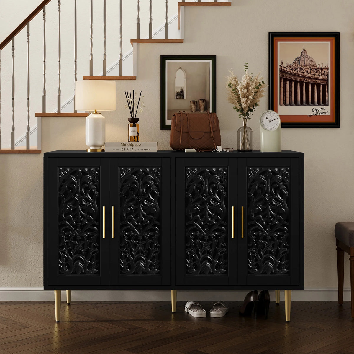 HLR 48" Accent Cabinet with 4 Doors, Vintage Hollow Carving Storage Credenza, Sideboards and Buffets Cabinet for Living Room, Kitchen, Dining Room, Entryway