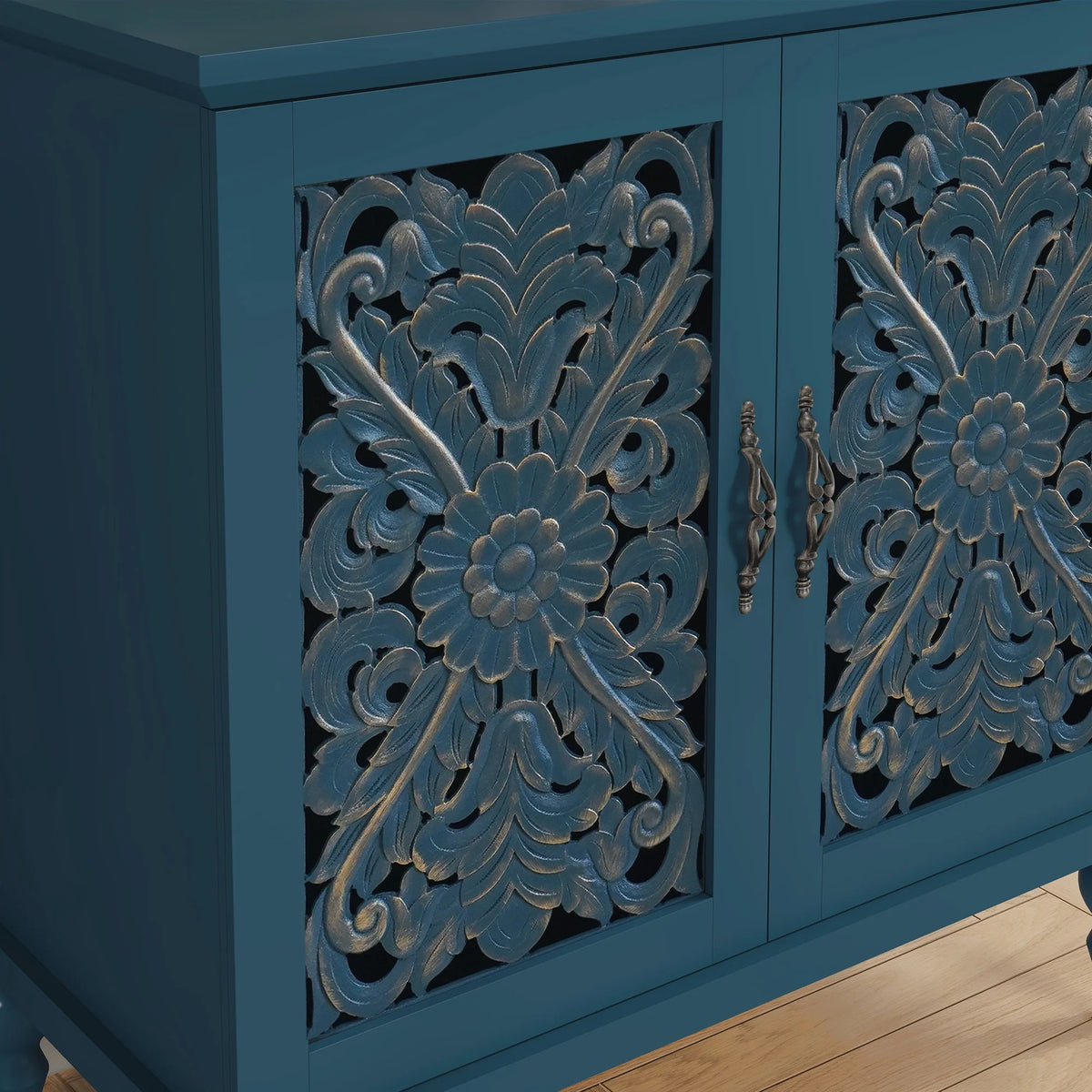 HLR 48" Accent Cabinet with 4 Doors, Vintage Hollow Carving Storage Credenza, Sideboards and Buffets Cabinet for Living Room, Kitchen, Dining Room, Entryway