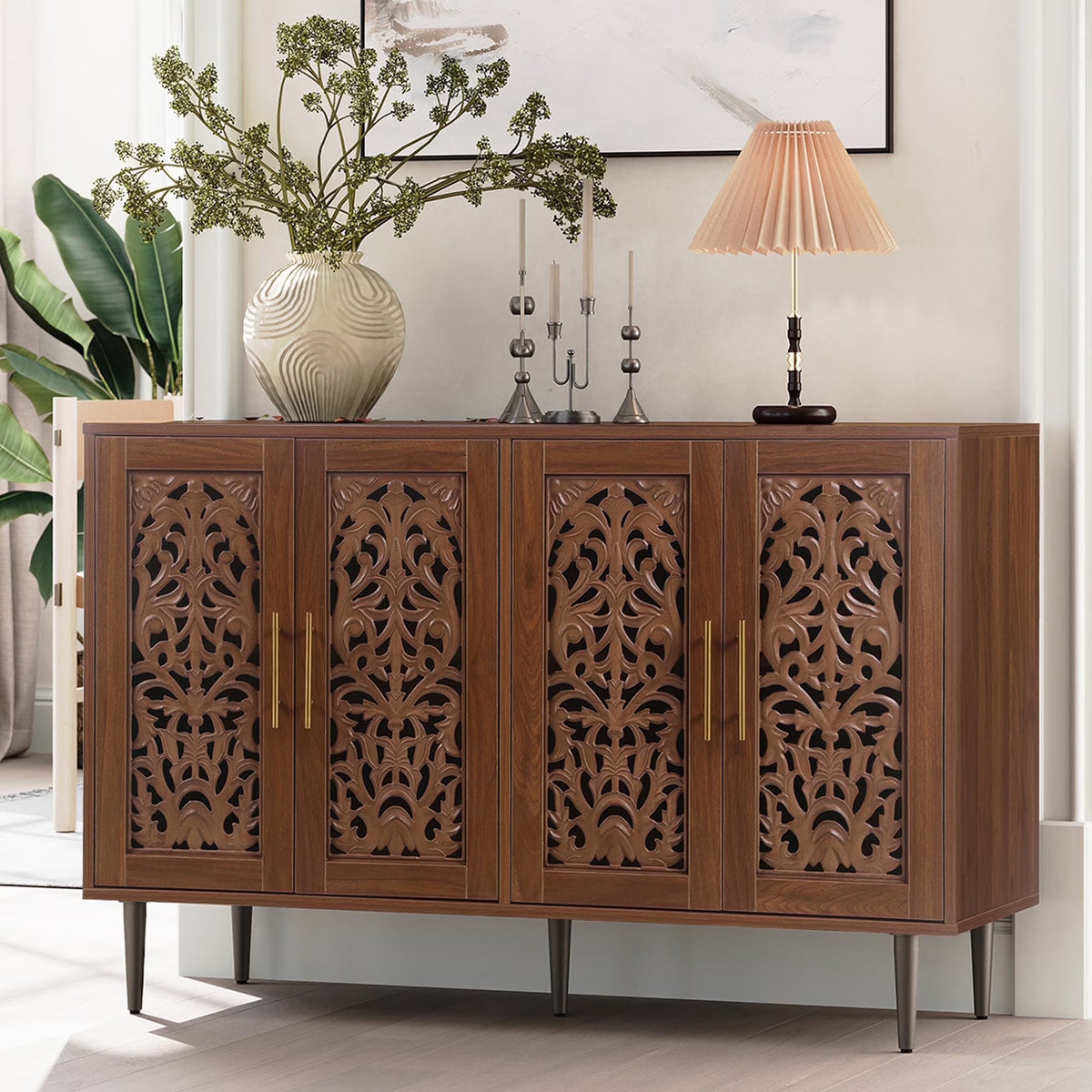 HLR 48" Accent Cabinet with 4 Doors, Vintage Hollow Carving Storage Credenza, Sideboards and Buffets Cabinet for Living Room, Kitchen, Dining Room, Entryway