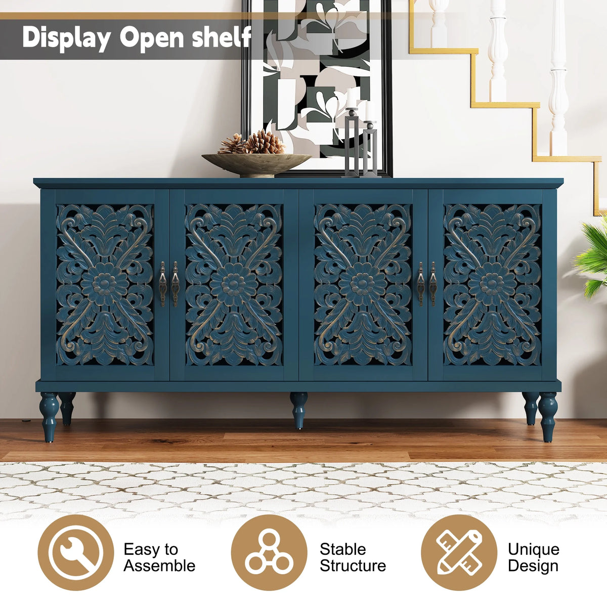 HLR 48" Accent Cabinet with 4 Doors, Vintage Hollow Carving Storage Credenza, Sideboards and Buffets Cabinet for Living Room, Kitchen, Dining Room, Entryway