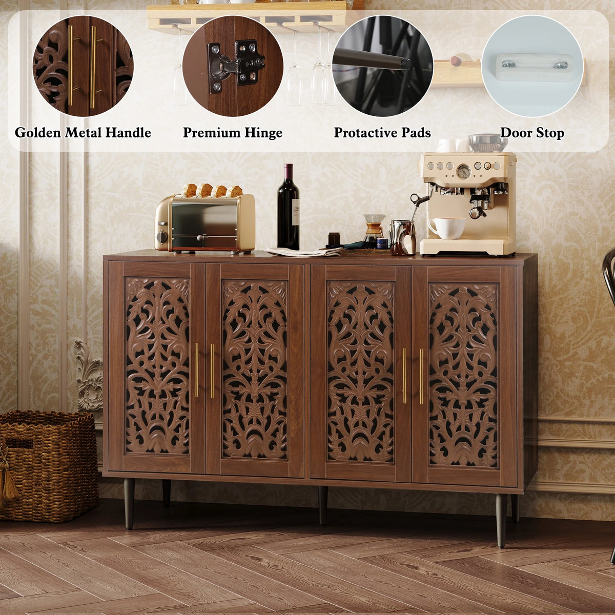 HLR 48" Accent Cabinet with 4 Doors, Vintage Hollow Carving Storage Credenza, Sideboards and Buffets Cabinet for Living Room, Kitchen, Dining Room, Entryway