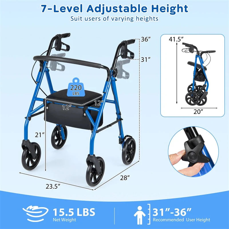Foldable Rollator Walker with Seat & Height Adjustable Handles for Seniors, Lightweight Portable Rolling Walker w/ 8" Wheels & Storage Basket