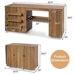62.5" Folding Sewing Table Rolling Craft Station with Storage Cabinet & Shelves, Foldable Sewing Machine Desk w/ Lockable Wheels for Home