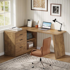 55 - Inch L Shaped Computer Desk with 3 Drawers, Corner Home Office Desk with Storage Shelves