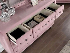 Glam Pink Upholstered Tufted Velvet Like Fabric 4pc Full Size Bed Set Dresser Mirror Nightstand Bedroom Furniture