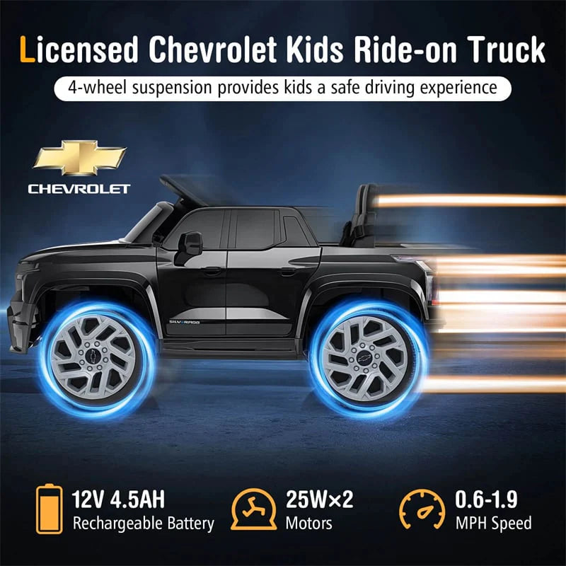 12V Licensed Chevrolet Ride On Truck Car Kids Electric Vehicle with Remote Control, Rear Storage, Lights, Music & Spring Suspension for Ages 3+