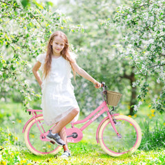 20" Kids Bike Girls Bike with Basket Single Speed Steel Frame Children Bicycle for 7 - 10 Years, Pink