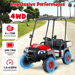 24V 4WD 2-Seater Kids Golf Cart with Sun Shade, Storage Trunk & Remote Control, LED Lights, Electric Ride on Toy Car for Boys Girls Ages 3+