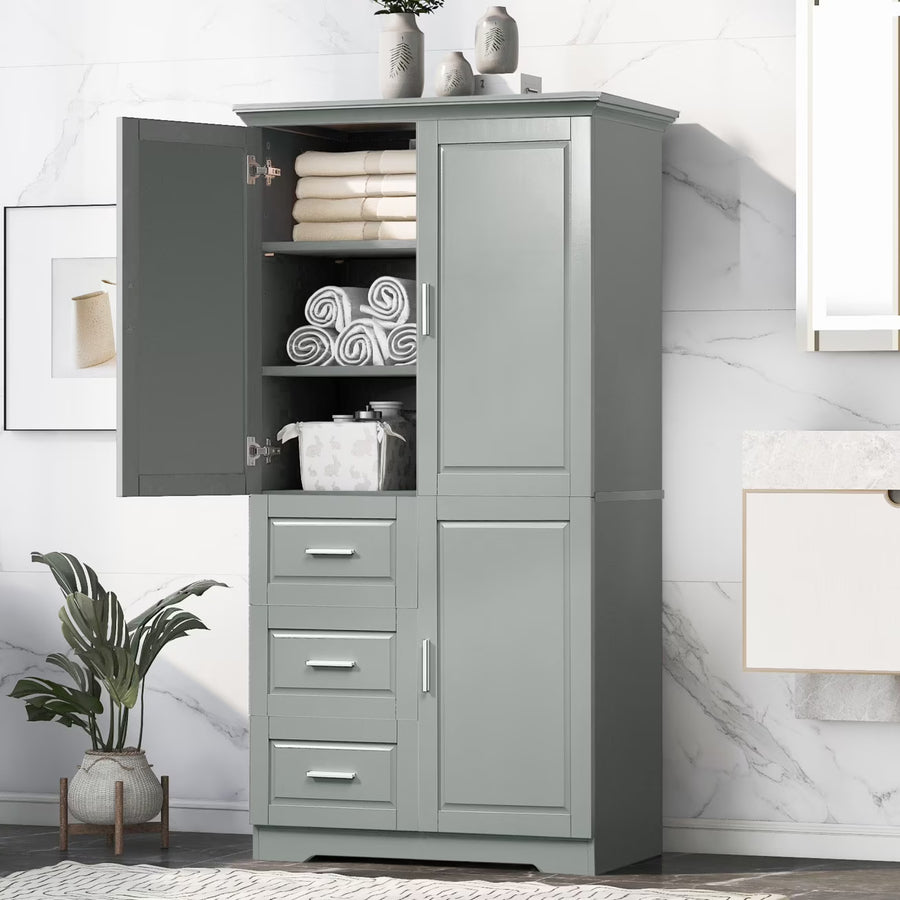 Bathroom Cabinet, 62.2" Tall Storage Cabinet with Doors and Shelves, Freestanding Linen Closet for Bathroom, Kitchen, Living Room, Grey