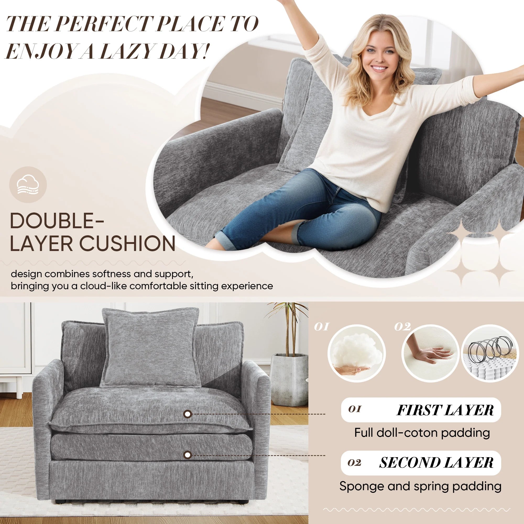 Muumblus Oversized Lounge Chair with Ottoman, Cloud Accent Armchair for Living Room, Beige Chenille