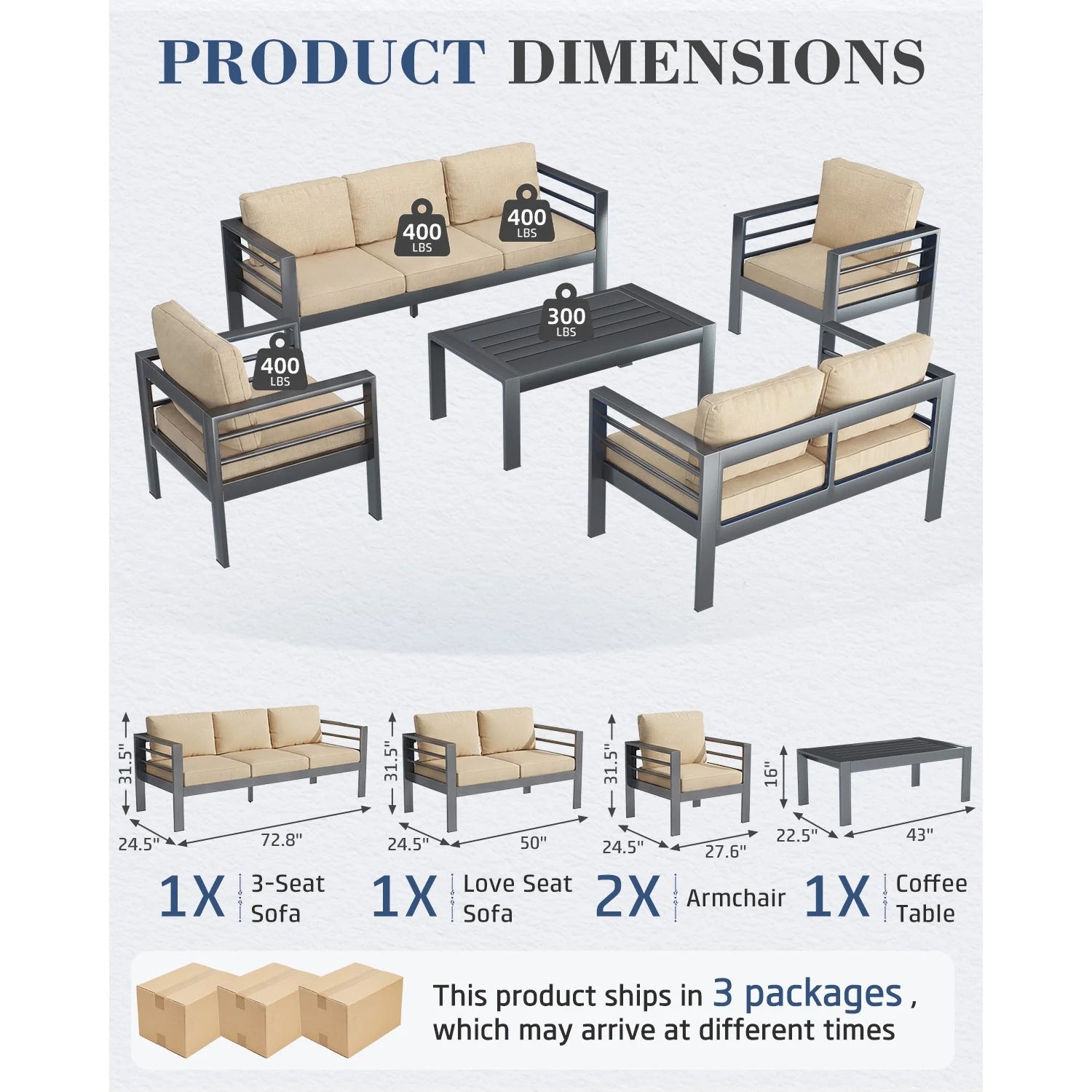 AECOJOY Aluminum Patio Furniture Set, 5 Pieces Outdoor Sectional Sofa Set, Beige