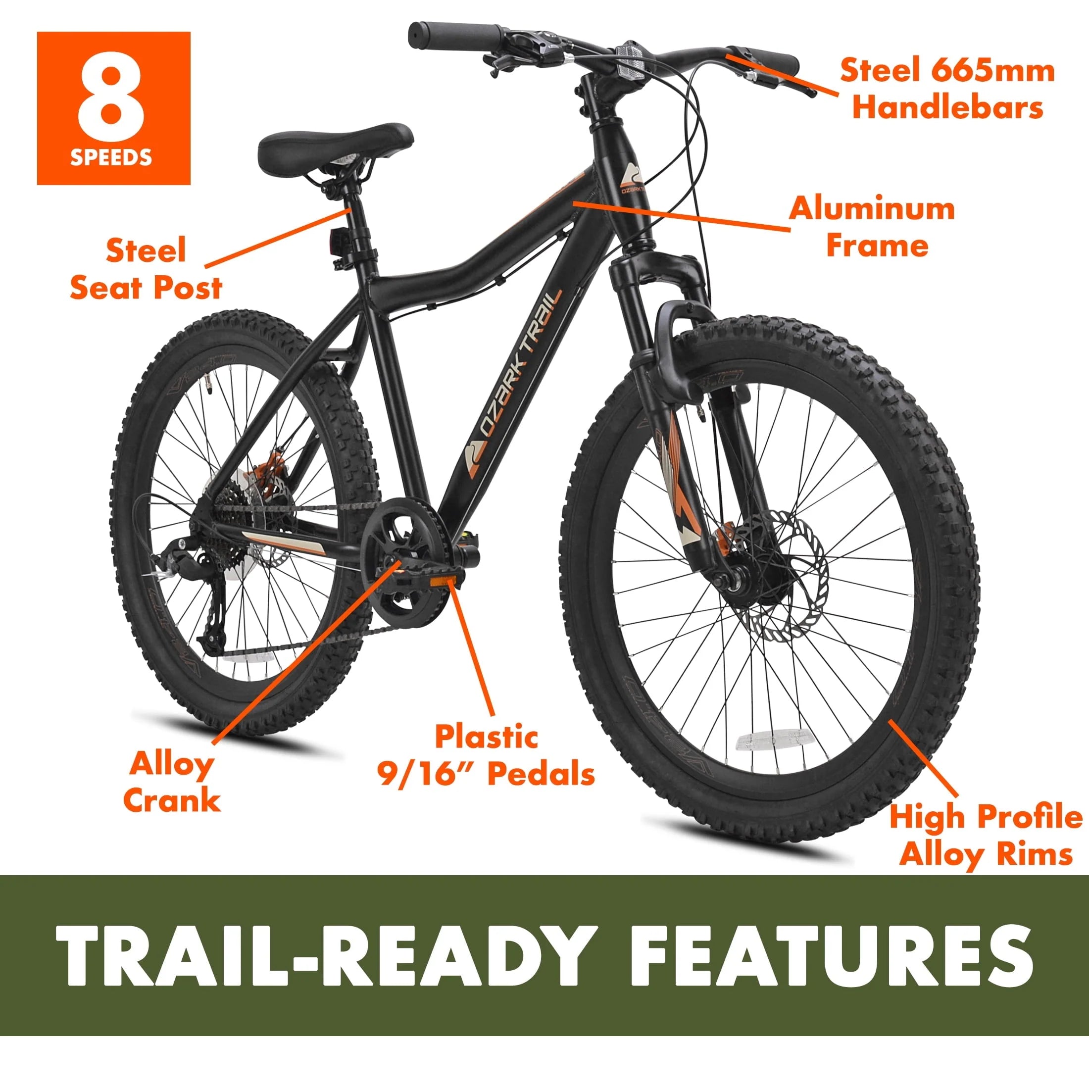 Ozark Trail 24" Glide Mountain Bike, 8 Speed, Black, Teen, Unisex