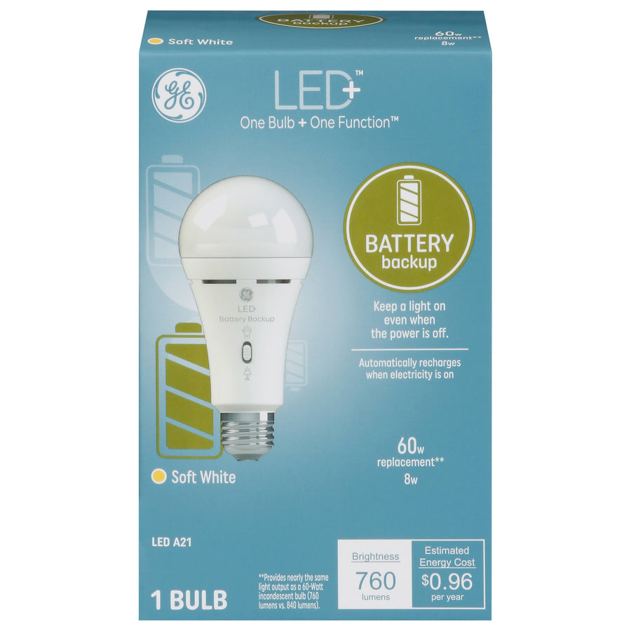 Ge LED+ Light Bulb, LED+, Battery Backup, Soft White, 8 Watts