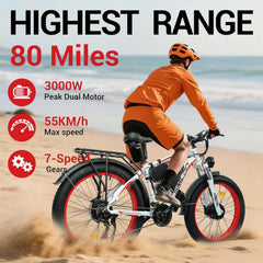 3000W Peak Dual Motor Ebike, 52V 30AH Battery Electric Bike for Adults, 7 - Speed 40MPH AWD Ebike Mountain Snow E - Bike with 26" x 4.0 Fat Tire MTB Hydraulic Disc Brake for Off - Road Snow