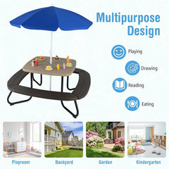 8-Person Kids Picnic Table Bench Set with Removable & Foldable Umbrella, Toddler Outdoor HDPE Activity Table and Chair Set for Backyard Patio