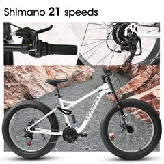 26 in Mountain Bike for Men, 26*4" Fat Tire Mountain Bicycles, Full - Suspension 21 - Speed Drivetrain with Disc Brakes
