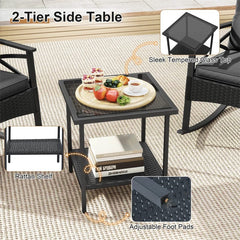 3 Piece Rattan Patio Rocking Bistro Set, Outdoor Wicker Rockers with Cushions & 2-Tier Tempered Glass Coffee Table for Porch, Balcony, Backyard