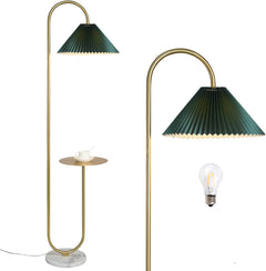 Modern Elegant with Tray Floor Lamp for Office Cafe Den Living Room Bedroom, Foot Switch and Brass/Gold Finish, Light Yellow Pleated Cloth Lampshade