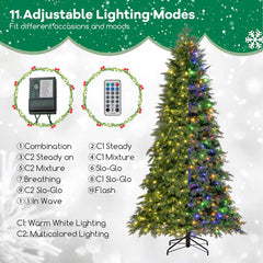 6/7.5 FT Pre-Lit Artificial Christmas Tree, PE/PVC Mixed Tips, Hinged Xmas Tree with Remote, 11 Color-Changing LED Modes, Timer & Metal Stand