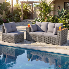 86.5" 3-Seat Patio Wicker Sofa, 3PCS Modular PE Rattan Sectional Furniture Set with Cup Holders & Wood Armrests, Outdoor Couch for Garden Yard