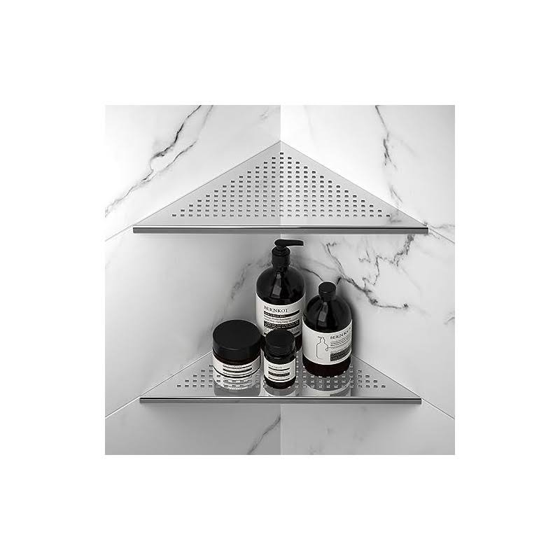 Bernkot Corner Shower Shelf 10" Polished 304 Stainless Steel Recessed Corner Shelves with Grid Design Bathroom Shelf Racks for Tiled Wall, No