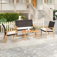 Tangkula PE Rattan Outdoor Cushioned Conversation Chairs with Acacia Wood Coffee Table