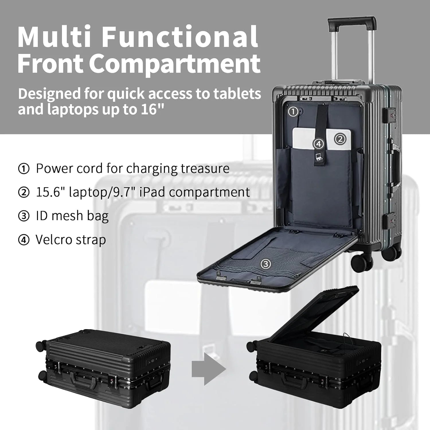 Carry - on Luggage with USB Charging Port, Front Compartment, TSA Lock, Airline Approved Carry on Hardside Suitcase with Spinner Wheels (Grey, 20 in)