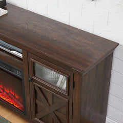 60" Farmhouse Fireplace TV Stand for Tvs up to 70 in, Entertainment Center with 18" Electric Fireplace, Rustic TV with Glass Barn Doors for Living Room, Adjustable Shelf
