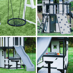 Backyard Discovery Canyon Creek Cedar Wood Swing Set with Wave Slide. Clubhouse. Play Kitchen. Picnic Area. Belt Swings. Web Swing. Rock Wall. Balconies. Playhouse. Step Ladder. Outdoor Playset